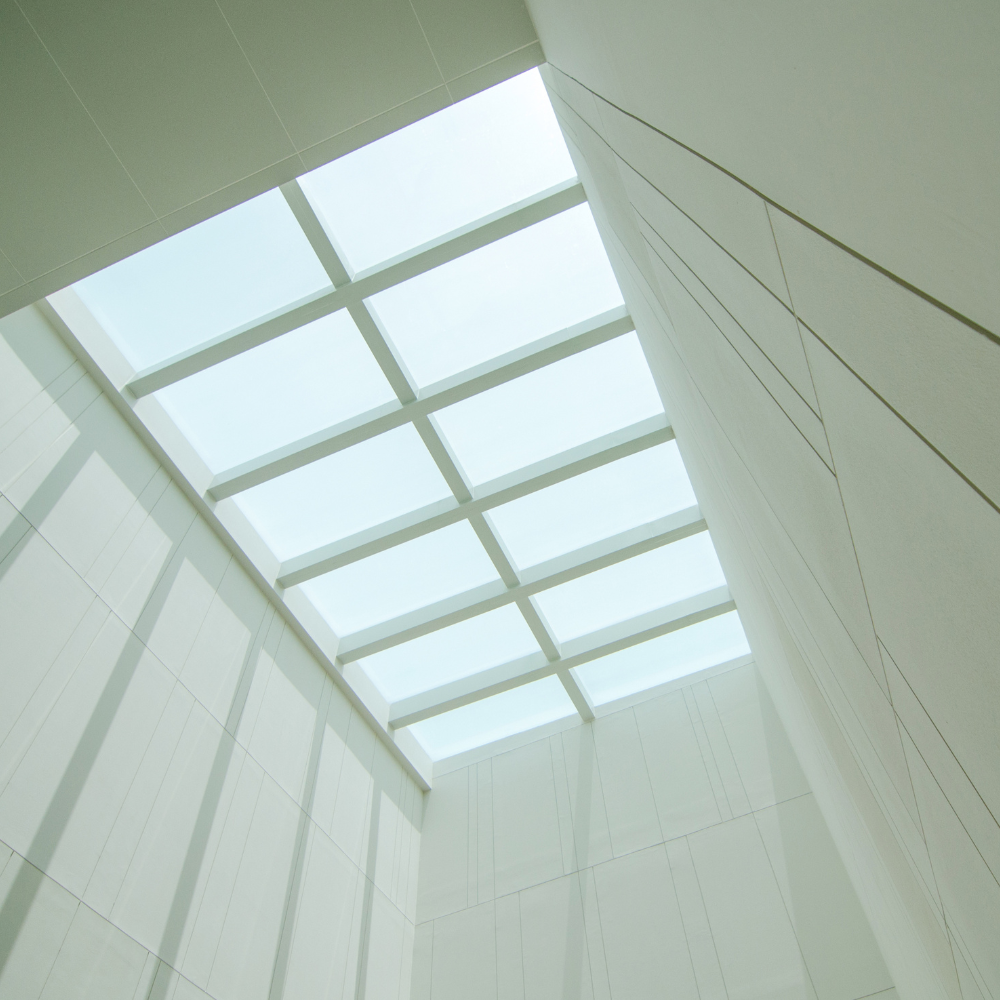 Commercial building interior featuring large aluminum skylights, providing ample natural light and enhancing the open, welcoming environment.