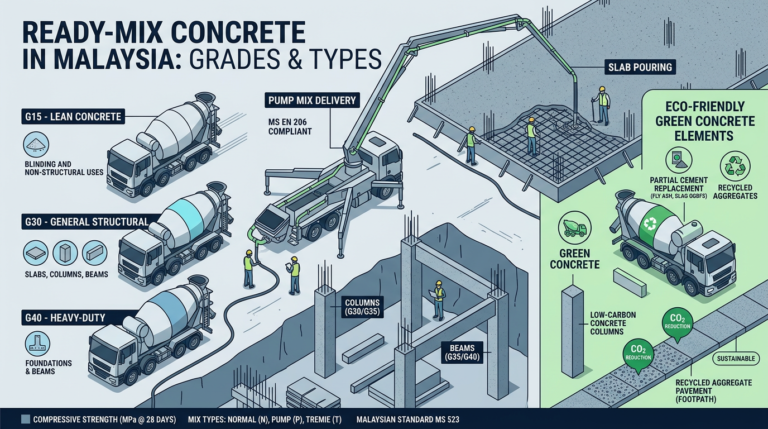 Ready-mix concrete grades and types in Malaysia infographic。